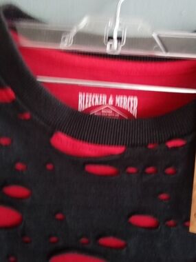 Bleecker & Mercer Mens Distressed Double Layer Long Sleeve Shirt Black Red NWT